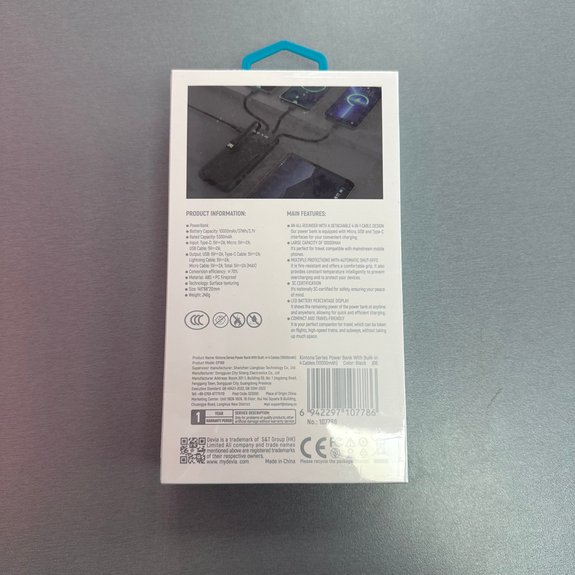 Devia 10,000 mAh Charging Power Bank with cables