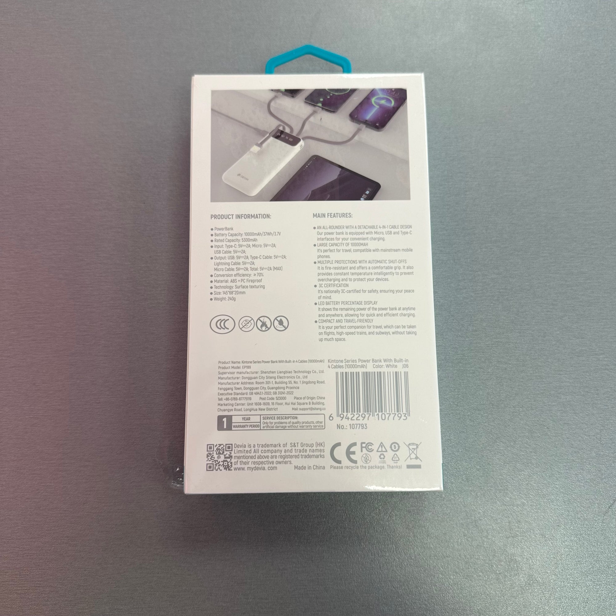 Devia 10,000 mAh Charging Power Bank with cables