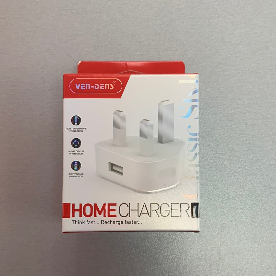 A white VenDens brand home charger packaged in a box with red accents. The charger has a USB port and a UK plug.