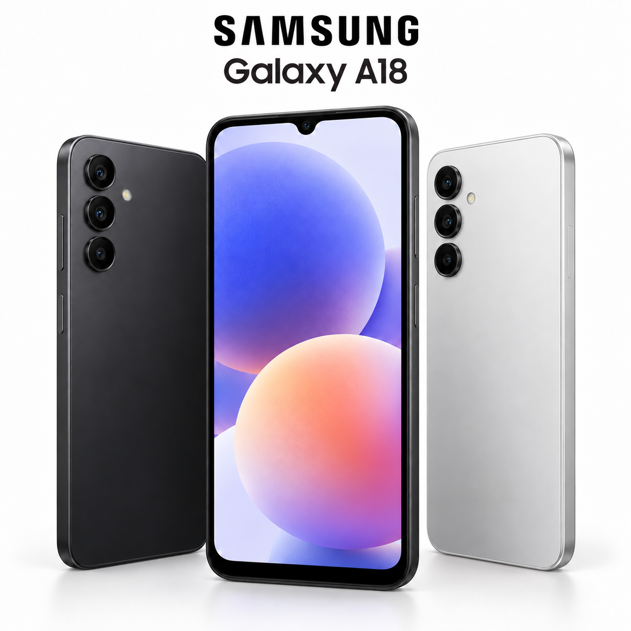 Three Samsung Galaxy A18 smartphones shown on a clean white background: one black phone on the left, one silver phone on the right, and one front-facing phone in the center displaying a colorful abstract wallpaper. The text 'SAMSUNG Galaxy A18' appears at the top.