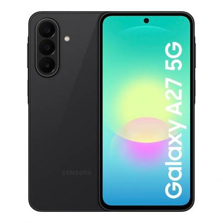 Samsung Galaxy A27 5G smartphone shown from the back in black, with the front screen turned on displaying the Samsung logo and 'Galaxy A27 5G' text on a colorful gradient wallpaper.