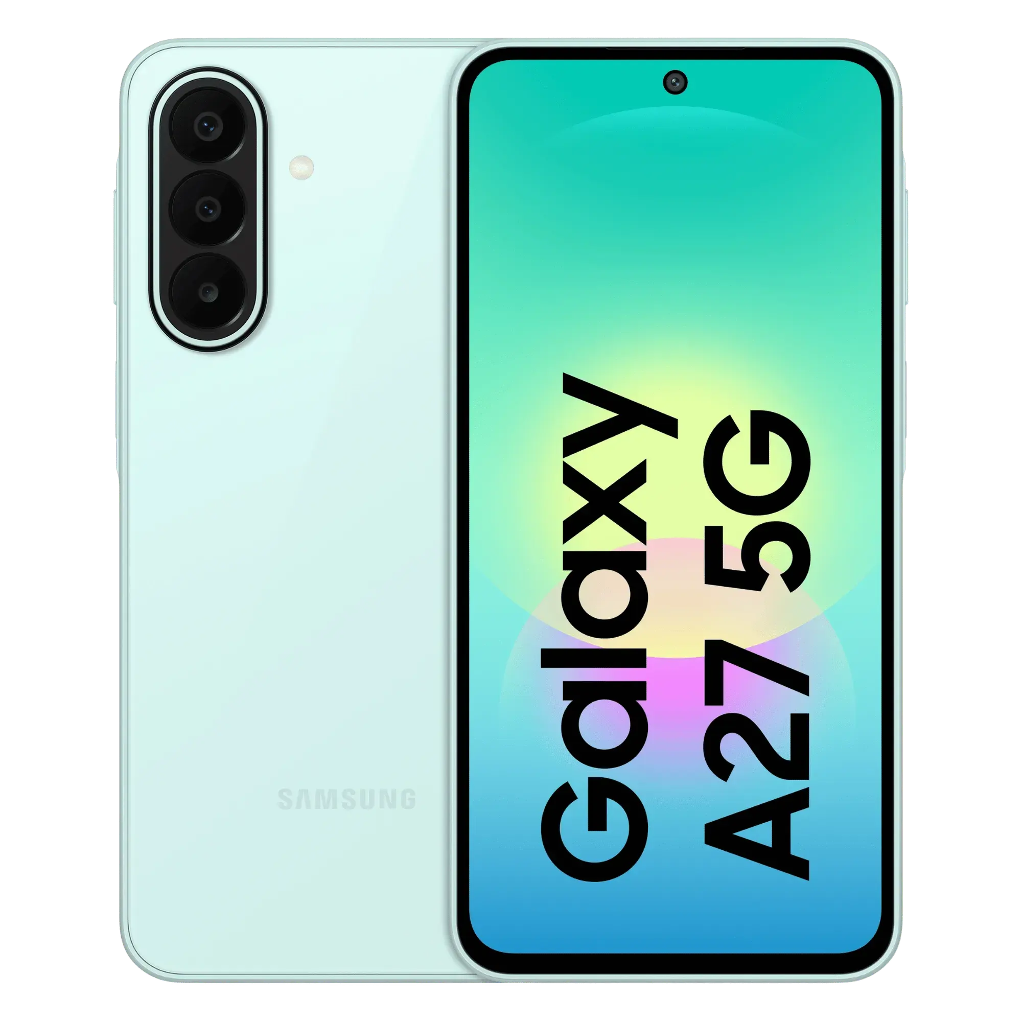 Samsung Galaxy A27 5G smartphone shown from the back and front. The phone has a pale mint green back panel with a triple-camera cutout, and the front display shows the text 'Galaxy A27 5G' on a blue-to-green gradient background. time2talk swansea