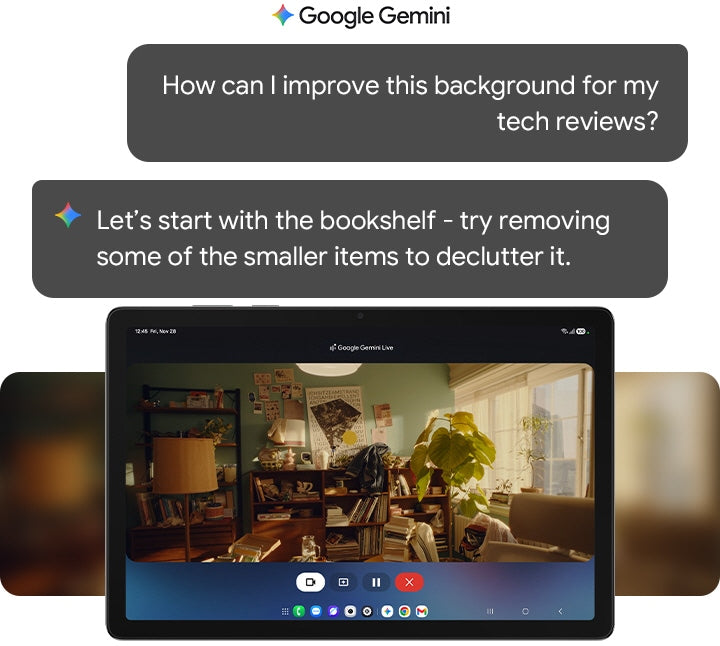 Google Gemini chatbot interface with text and a video call window showing a room with a bookshelf.