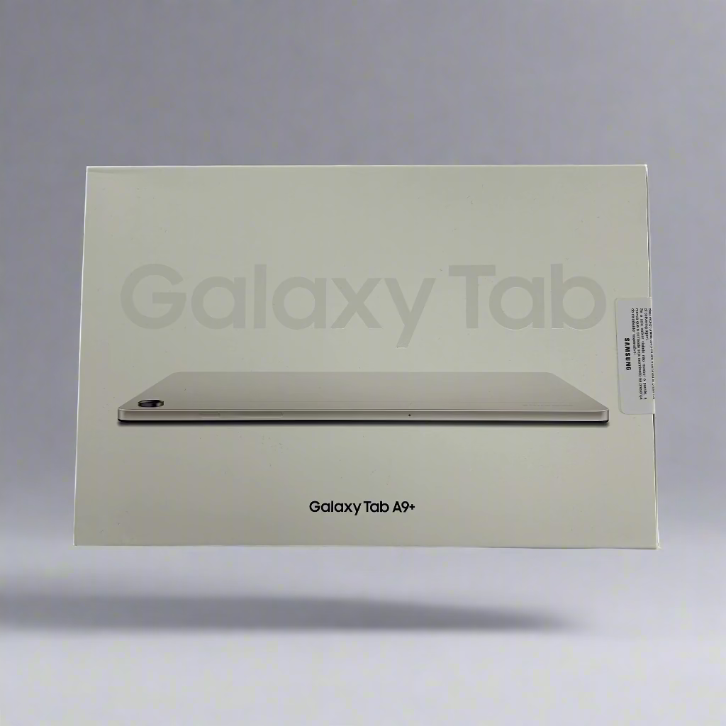 Samsung Galaxy Tab A9+ displayed on a white background, packaging included.