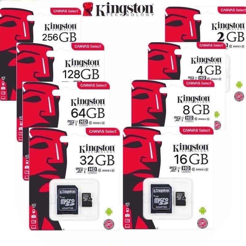 Kingston microSD card packages in various capacities on a white background